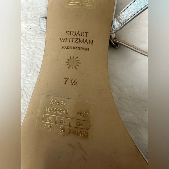 Stuart Weitzman Starla Ankle Strap Sandals in Silver Metallic Leather Size 7.5 - Picture 9 of 9